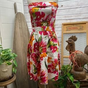 Floral Strapless Rockabilly Pin Up Dress Cotton Zipper Zip Up Back Medium